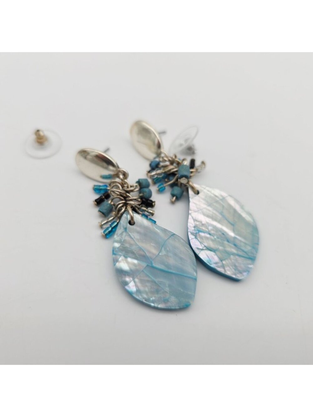 Blue Mother Of Pearl Style Bead Cluster Drop Earrings With Silver-Tone Posts